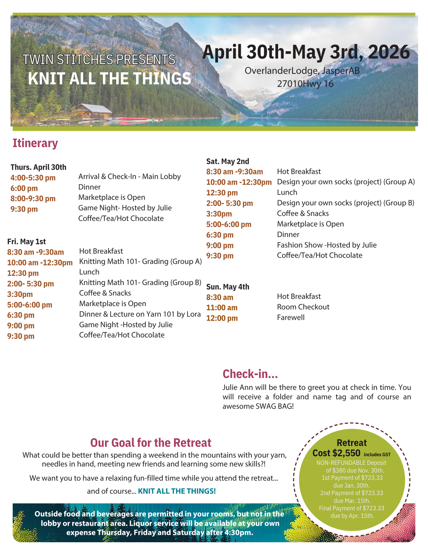 Twin Stitches Designs Mountain Knitting Retreat